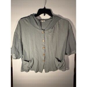 Easel Women's Greenish Gray Woven Hooded Button-Up Tunic Top with Pockets Size S